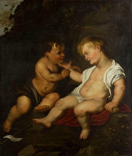 Follower of Sir Anthony van Dyck, Flemish 1599-1641- The Infant Christ and St John the Baptist in a landscape; oil on canvas, 98.6 x 82.4 cm., (unframed). Provenance: Private Collection, UK. Note: The present work is likely a copy after an...