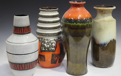 Fourteen large West German pottery floor vases, various decoration and factories, including Scheuric