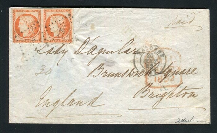 France 1852 - Letter from Bayonne bound for Brighton with a pair of dark orange No. 5 stamps