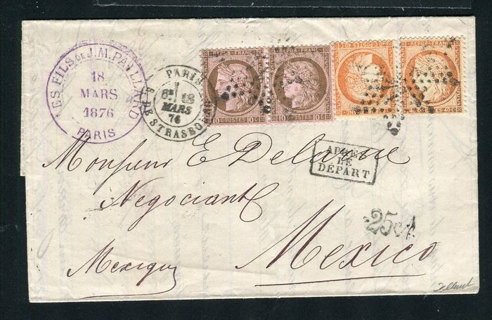 France 1876 - Rare letter from Paris bound for Mexico with the No. 38 and 54 stamps