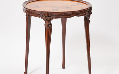 French Art Nouveau Carved Mahogany and Fruitwood Marquetry Centre or Side Table, Nancy, early 20th century