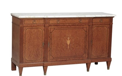 French Directoire Style Marble Top Inlaid Burled Wood Sideboard, 20th c., H.- 42 in., W.- 73 1/2