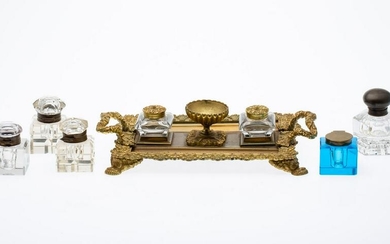 French Gilt Bronze Inkwell Set & 5 Other Inkwells