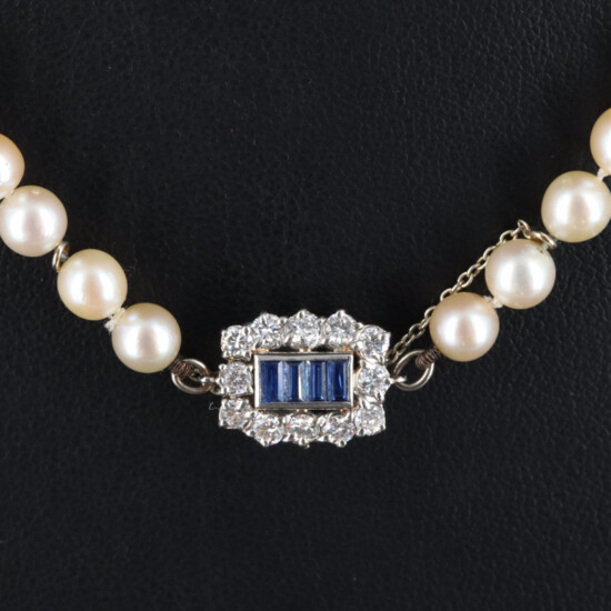Boucheron Pearl Necklace with Platinum Sapphire and Diamond Clasp