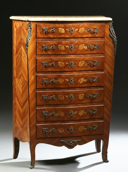 French Louis XV Style Marquetry Inlaid Mahogany Marble