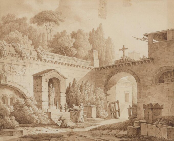 French school circa 1800. Roman Caprice with two women and a monk in front of a statue of the Virgin and Child. Pen and brown ink, brown wash on paper. Size: 31,5x39 cm (at sight). (Small tear).