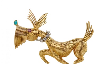 Funny gold brooch in the shape of a funny dog,...