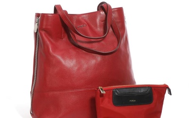 Furla A set comprising a bag of dark red leather with silver...