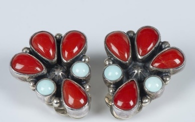 G. Apachito Navajo Sterling, Coral & Turquoise Clip Earrings