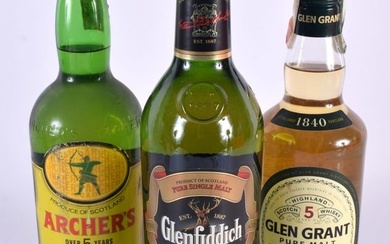 GLENFIDDICH 12 YEAR OLD WHISKY together with Archers 5 year old whisky & Glen Grant pure walt whisky