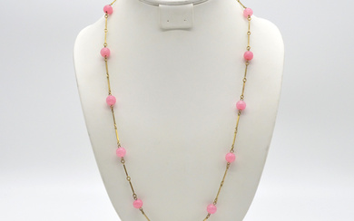 GOLD PLATED ROD NECKLACE WITH MURANO GLASS BEADS, PINK GOLD, VINTAGE.