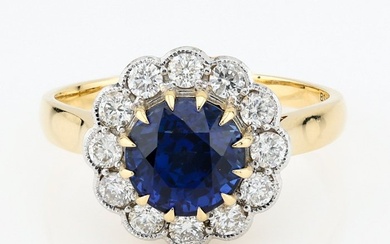 [GRS Certified] - (Royal Blue Sapphire) 2.50 Cts - (Diamond) 0.53 Cts (12) Pcs - 18 kt. Bicolour - Ring