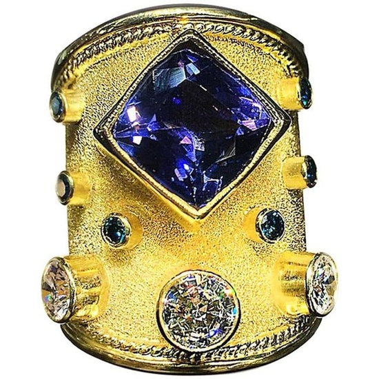 Georgios Collections 18 Karat Yellow Gold Tanzanite and Diamond Thick Band Ring