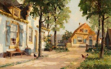 Gerard Delfgaauw (1882-1947), Boerenerf met kippen op een zonnige dag