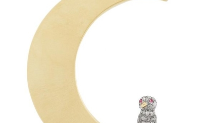 Gold Crescent Moon Brooch with Antique Silver, Diamond and Ruby Owl