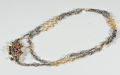 Gold, Silver - Necklace with pendant - Diamonds, Pearls, Rubies