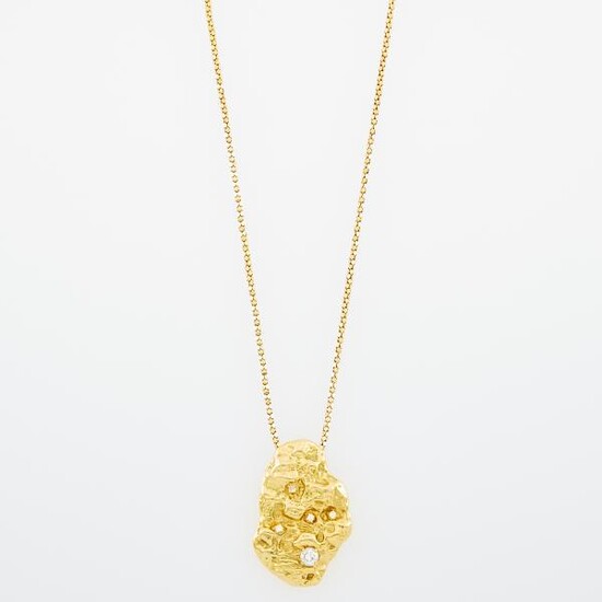 Gold and Diamond Nugget Pendant with Long Chain Necklace