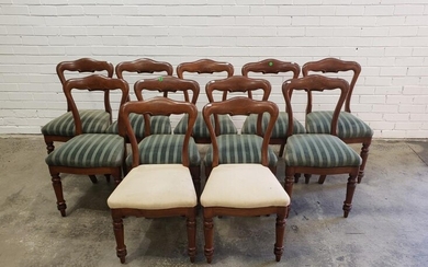 Good Set of Eleven Victorian Oak Dining Chairs, with shaped open backs, nine with blue striped upholstery, two in cream...