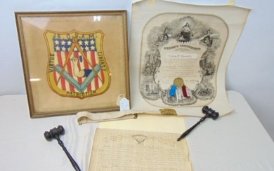 Grand Army of the Republic & Masonic lot, pair gavels, belt, buckle, Certificate, document "The