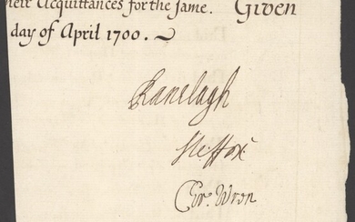 Great Britain Sir Christopher Wren 1700 (April) piece cut from accounting document, possibly a...