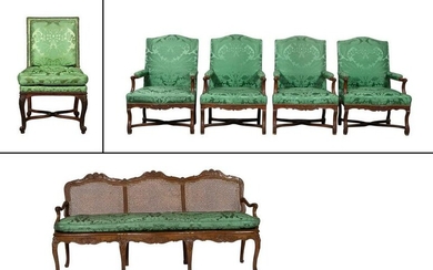 Group of Régence Green Silk-Upholstered Beechwood