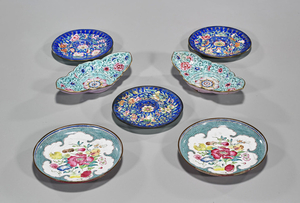 Group of Seven Antique Chinese Enamel on Copper Pieces