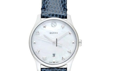 Gucci G-Timeless YA126588 - G-Timeless Quartz Mother of Pearl Dial Blue Leather Ladies Watch