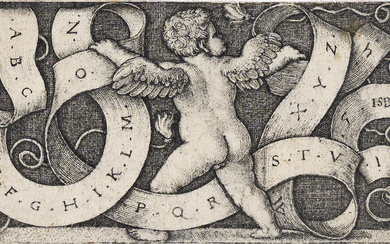 HANS SEBALD BEHAM Genius with Alphabet. Engraving, 1542. 44x80 mm; 1¾x3⅛ inches. Secon...