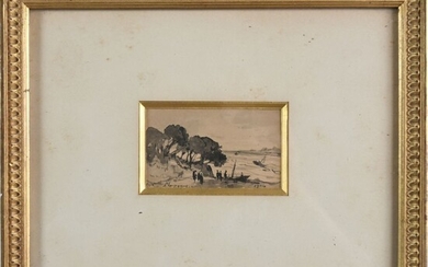 HARPIGNIES H.J. (1819-1916). « Petit bord de mer animé ». Lavis d’encre signé et daté...