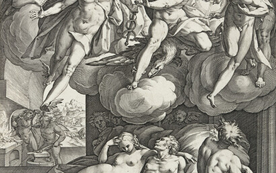 HENDRICK GOLTZIUS Mars and Venus Surprised by Vulcan. Engraving, 1585. 407x305 mm; 16...