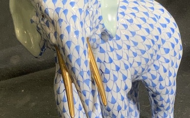 HEREND Large Elephant Figural in Fishnet Blue