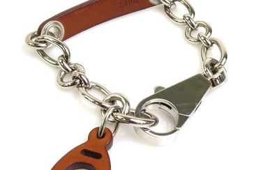HERMES Bracelet Etrier Metal/Leather Silver/Brown Unisex
