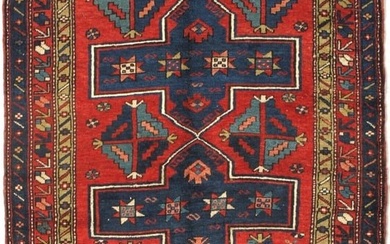 Hand Knotted Caucasian Kazak Red Navy Oriental Wool Tribal Area Rug 4'3" x 6'4"