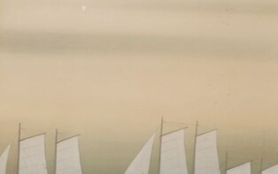Hanging scroll - Silk and Antler shaft head and wooden box - Ishizuka Shozo (1896-?) - A delightful ink painting of a sailboat - Signed and sealed Shozo 省三 - Japan - Early 20th century