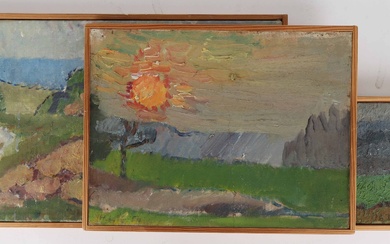 Harald Leth (1899-1986): Three paintings. 'Landscape with sunset', 'Bathing beach Skive fjord', 'Autumn landscape, gray evening' (3)