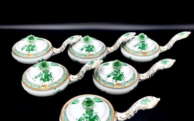 Herend - Exquisite Set of Patty Pans with Rose Knob Lid (12 pcs) - "Apponyi Green" - Bowl - Hand Painted Porcelain