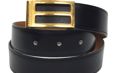 Hermes HERMES leather belt #80 black gold buckle 0 R carved (made in '88) aq5647