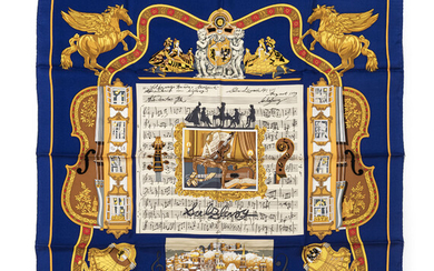 Hermès, carré en twill de soie imprimé: In Salzburg, fond bleu, 90x90 cm