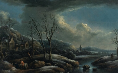 Hilly winter landscape with a horseman in a red jacket