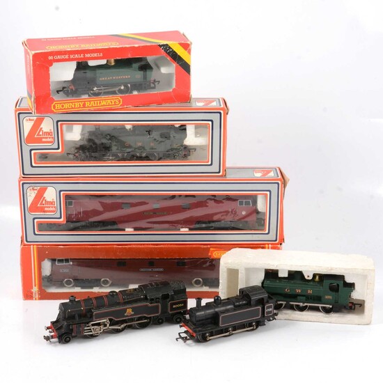 Hornby and Lima OO gauge model railway locomotives; seven including EDL18 BR 4MT