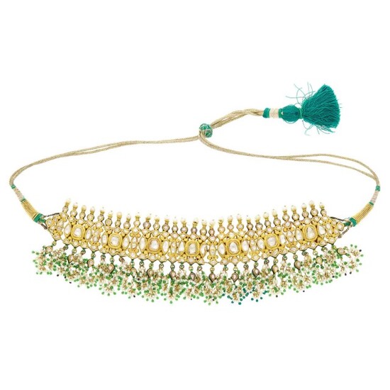 Indian High Karat Gold, Jaipur Enamel, Foil-Backed Diamond, Seed Pearl and Glass Bead Fringe Necklace with Cord