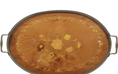 Italian Marquetry Inlaid Flowers Oval Serving Tray with Brass Handles and Gallery 20.5 in. length