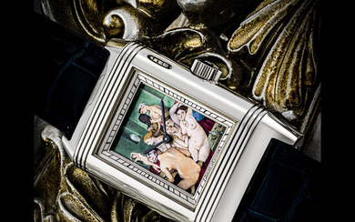 JAEGER-LECOULTRE. A MAGNIFICENT AND EXTREMELY RARE PLATINUM REVERSIBLE WRISTWATCH WITH ENAMEL DIAL DEPICTING THE TURKISH BATH BY JEAN AUGUSTE-DOMINIQUE INGRES REVERSO A ECLIPSES ‘FAMOUS NUDES’ MODEL, REF. 246.6.79