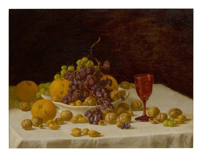 JOHN F. FRANCIS | AN ARRANGEMENT OF ORANGES, WALNUTS, ALMONDS, RAISINS, AND GRAPES ON A TABLETOP