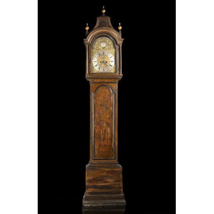 JOSEPH HOCKER Long case clock decorated with "chinoiserie". Brass dial divided in two parts, one with numerals, the other...