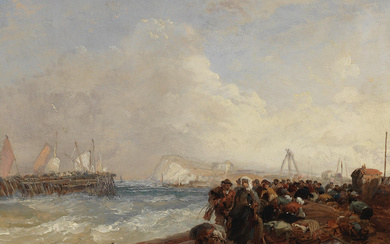 James Webb (British, 1825-1895) Dutch fisherfolk on a pier