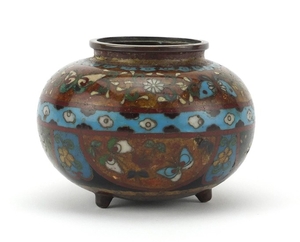 Japanese cloisonné tripod koro enamelled with flowers and bu...