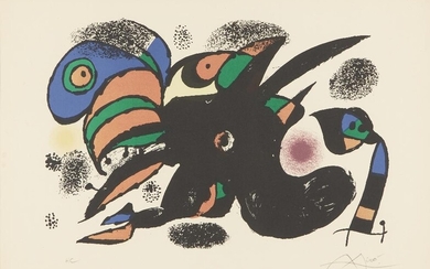 Joan Miro, Spanish 1893–1983, The extreme origin, 1976; lithograph in colours on wove, signed and inscribed HC in pencil, edition of 2,500, printed by Mourlot, Paris, visible image: 39 x 57 cm, (framed) (ARR)