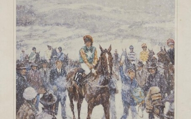Klaus Philipp, German b.1932- Cheltenham's Winter Scene; offset lithograph printed in colours, signed, dedicated and numbered 4/750 in pencil, bears inscribed label attached to the reverse Presented to Michael Clayton- Editor of the Horse & Hound...
