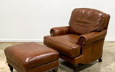 LEE INDUSTRIES, BROWN LEATHER ARMCHAIR & OTTOMAN